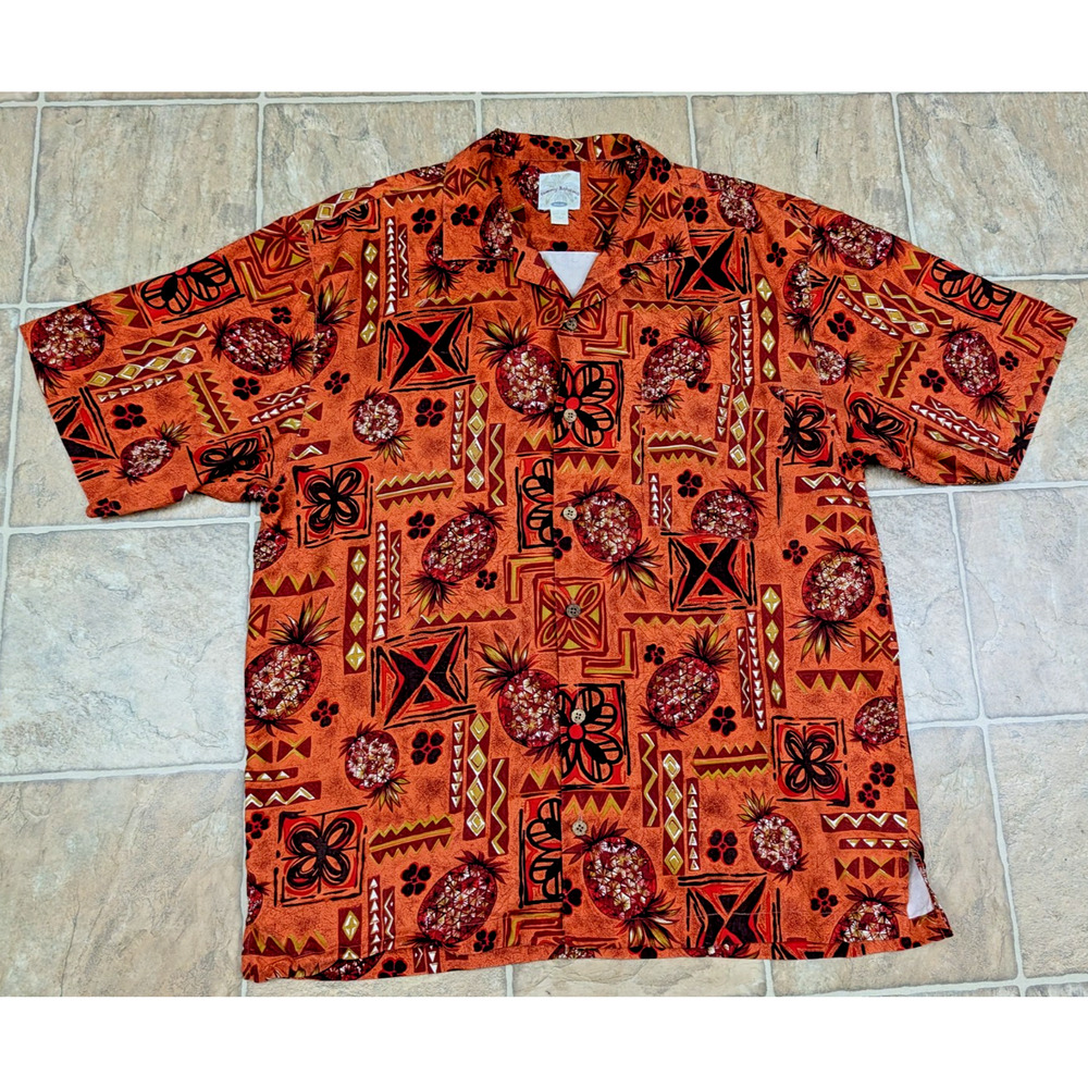 Tommy Bahama sz L Relax 100% silk Shirt orange ss pineapples flowers 2804